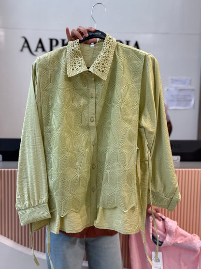 Blue floral lace patchwork shirt