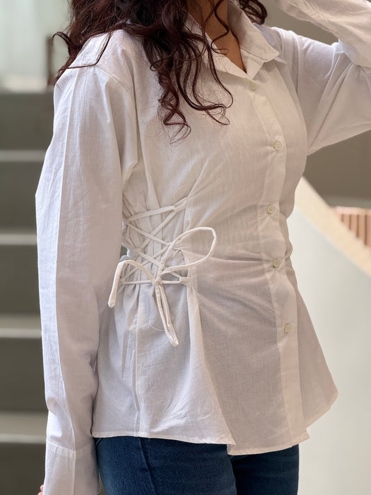 Women’s White Side Lace-Up Shirt | Adjustable Waist Shirt