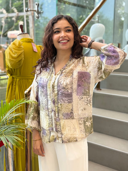 Printed  front button  chiffon top