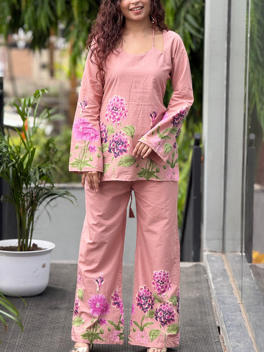 Peach Floral Printed Cotton Co-ord Set for Women
