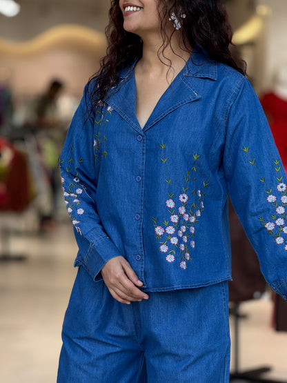 denim floral embroidered co-ord set