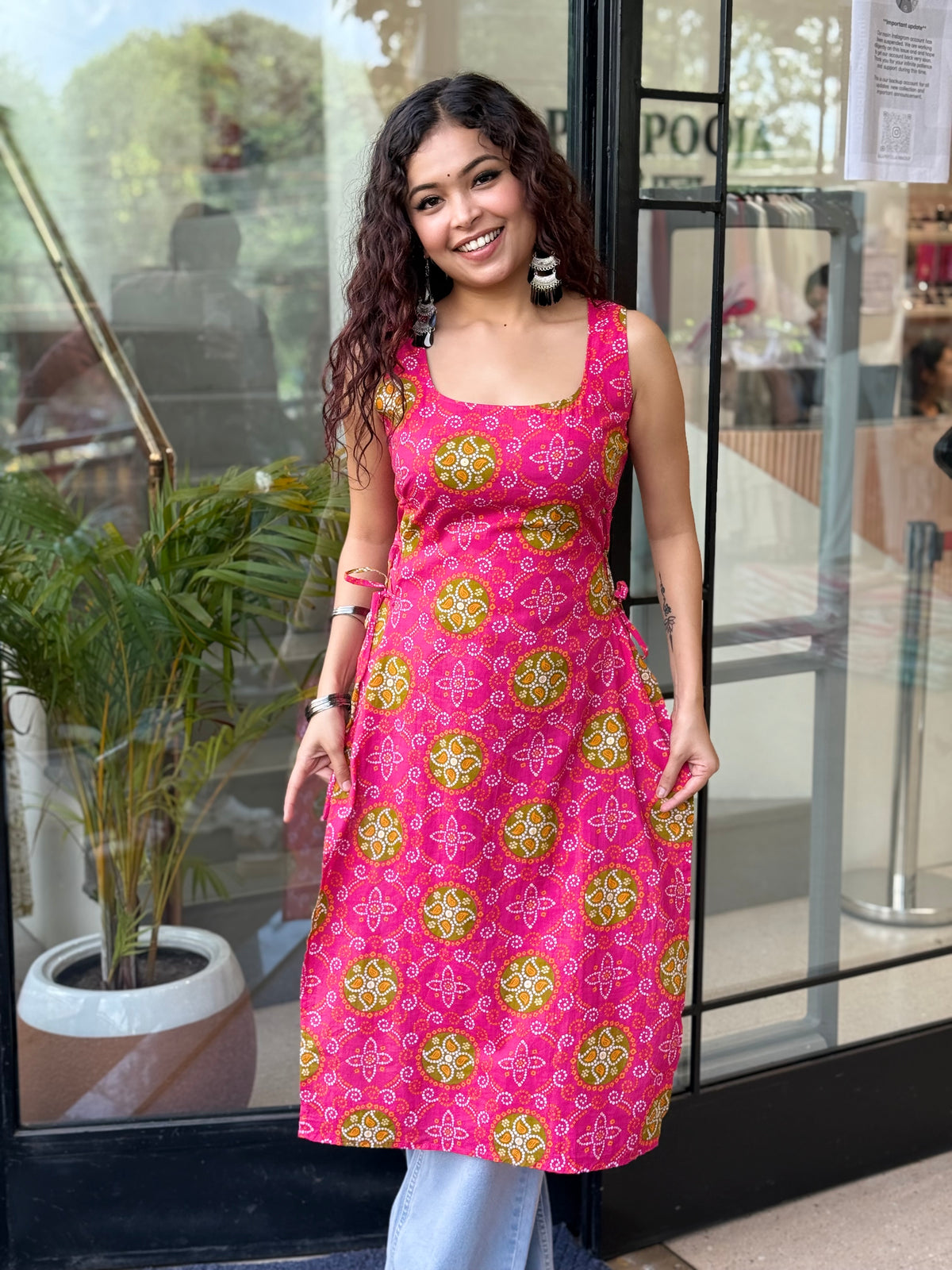 Flower pink long kurti with side dori