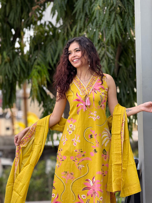 Mustard Yellow Pure Cotton Floral Printed 3-Piece Suit Set for Women | Kurta, Pants & Dupatta