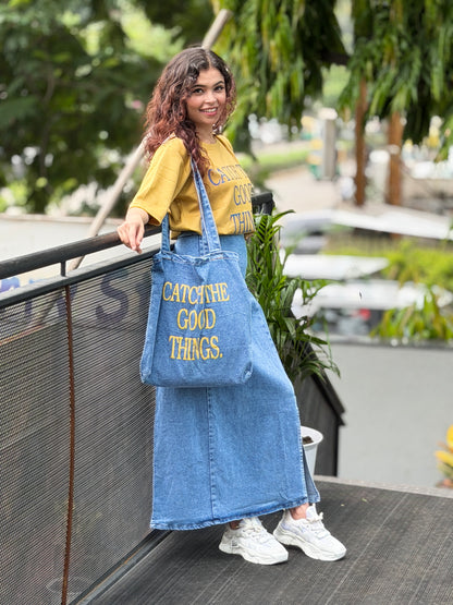 Denim skirt and T-shirt co-ord set with denim Tote bag