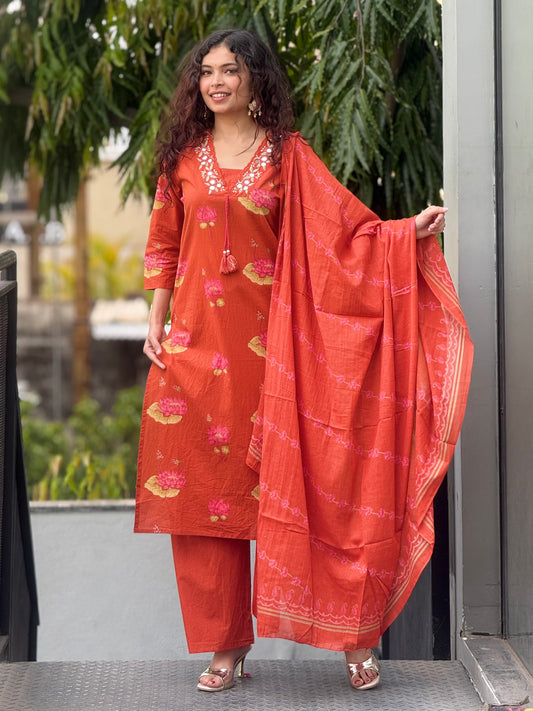 Cotton neckline mirror work 3 piece suit set