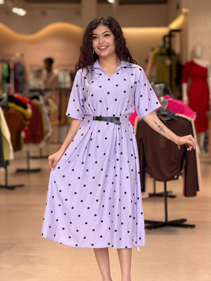 polka dot inbuilt belt one piece dress