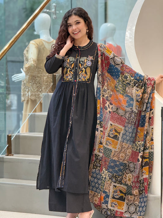 Midnight Black cotton Embroidered Kurta Set with Printed Dupatta