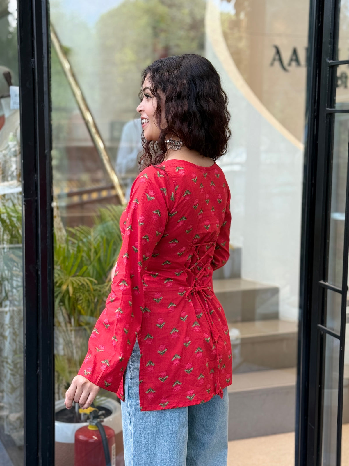 Square neck full sleeves back doori kurti