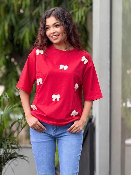 Bow fur detail partywear T-shirt