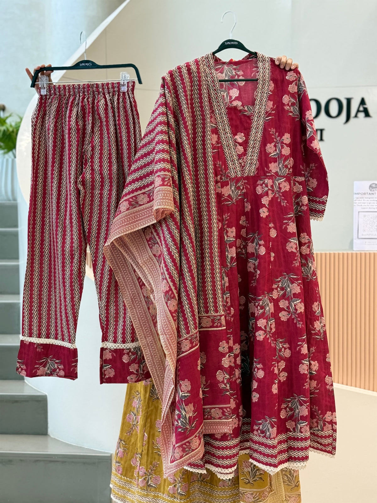 Flower print V nack cotton suit 3 piece set