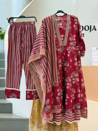 Flower print V nack cotton suit 3 piece set