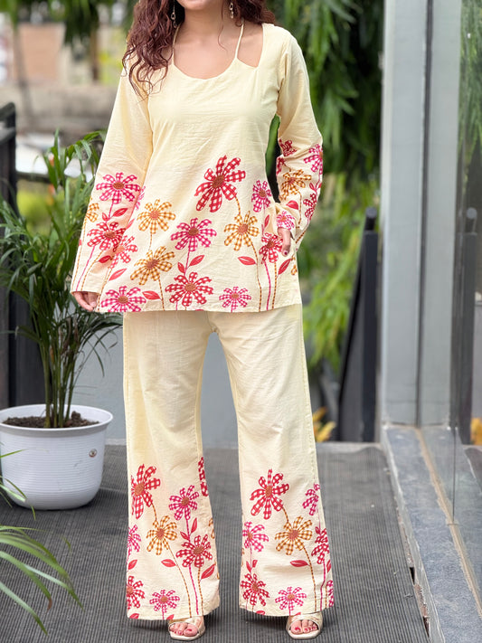 Cream Floral Printed Cotton Co-ord Set for Women
