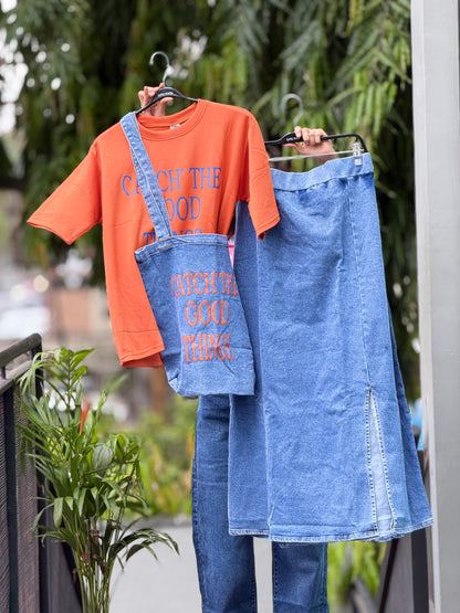 Denim skirt and T-shirt co-ord set with denim Tote bag