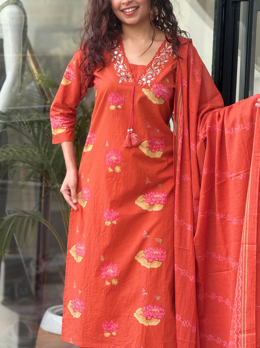 Cotton neckline mirror work 3 piece suit set