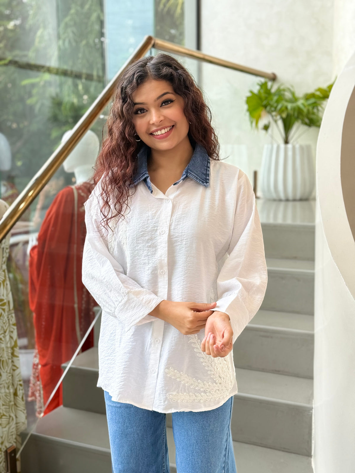 Partywear shirt with denim collar
