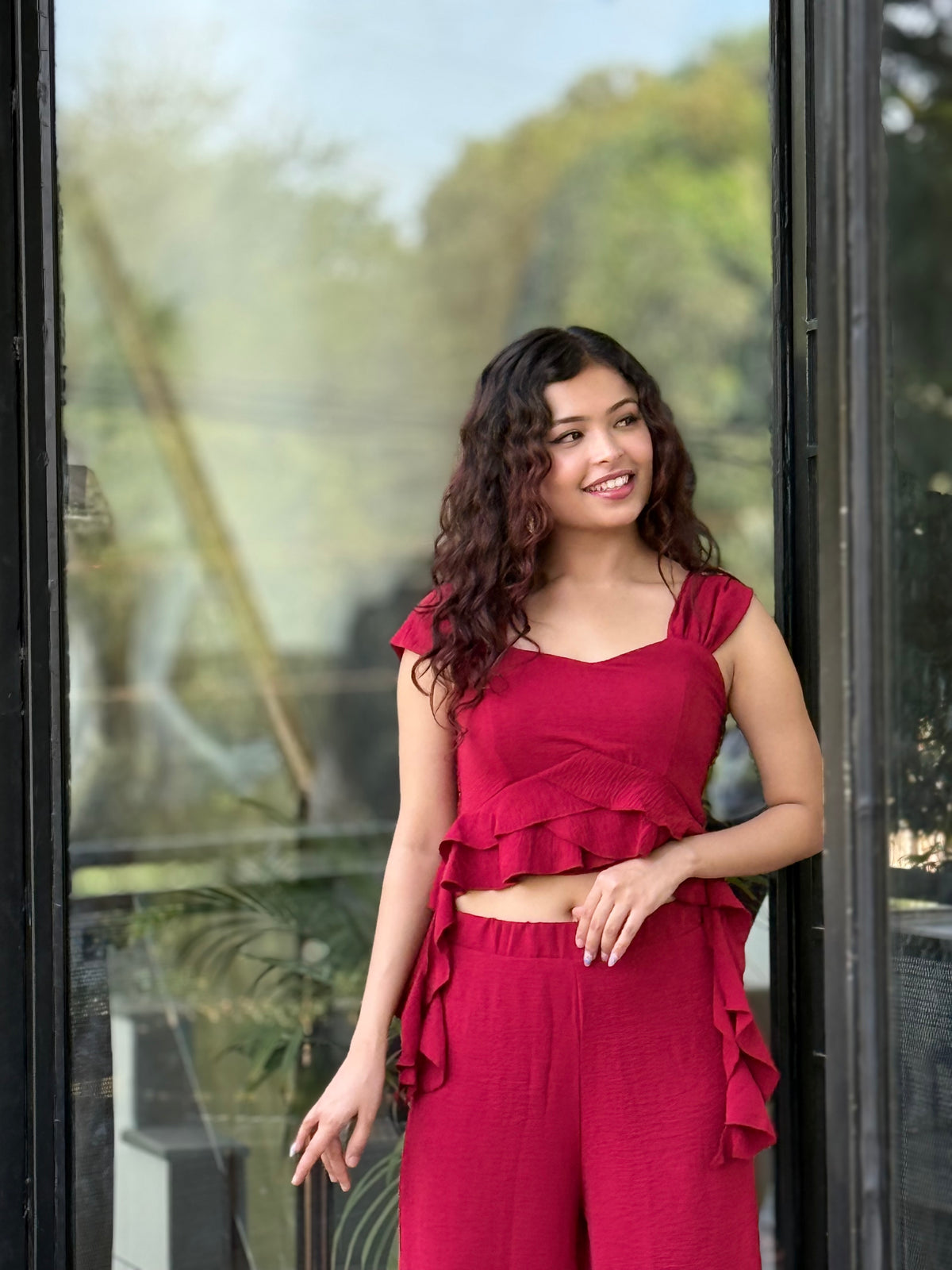 Ruffle Co-Ord Set for Women | Chic Crop Top & Wide-Leg Pants