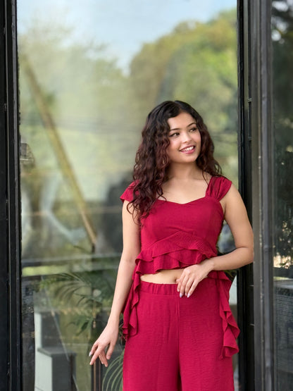 Ruffle Co-Ord Set for Women | Chic Crop Top & Wide-Leg Pants