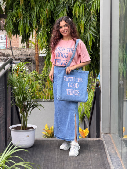 Denim skirt and T-shirt co-ord set with denim Tote bag
