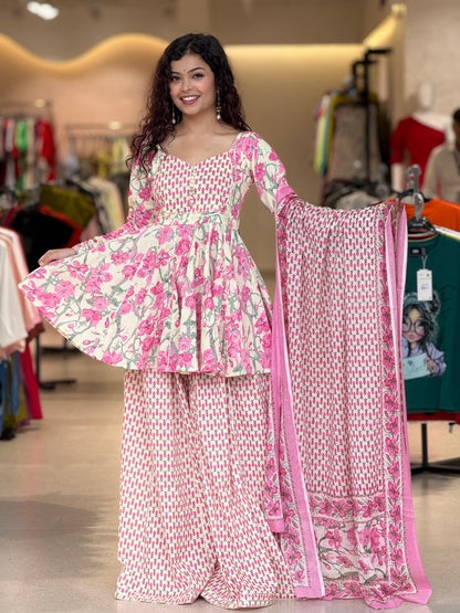 white and pink peplum crop top and gher plazo with dupatta suit set