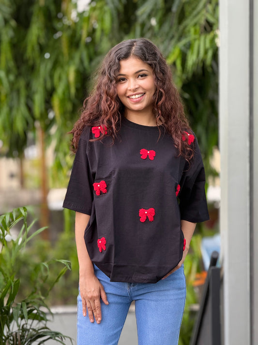 Bow fur detail partywear T-shirt