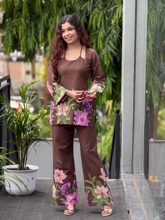 Brown floral Printed Cotton Co-ord Set for Women