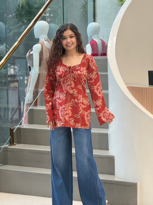 full sleeves short kurti with back dori