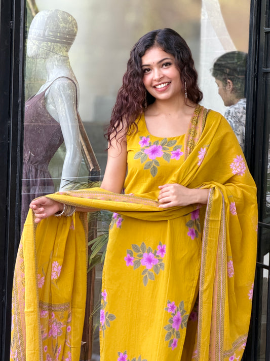 Pure Cotton Printed 3-Piece Suit Set for Women | Kurta, Pants & Dupatta