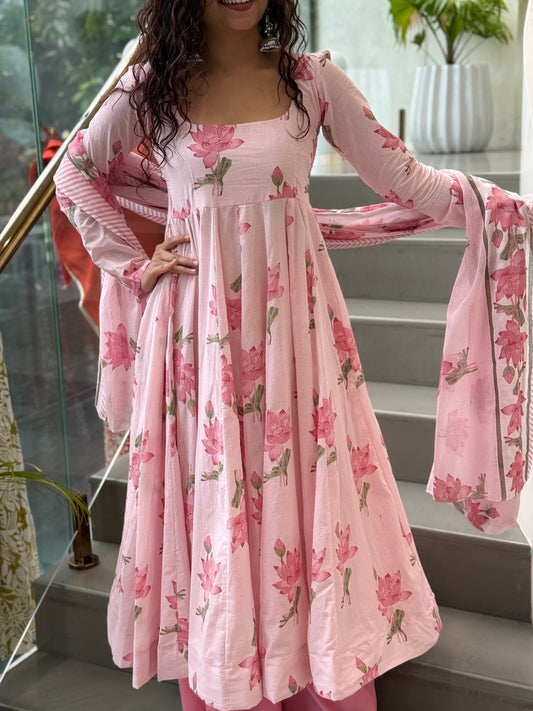 Elegant Cotton Anarkali 3-Piece Set | Kurta, Bottom & Dupatta