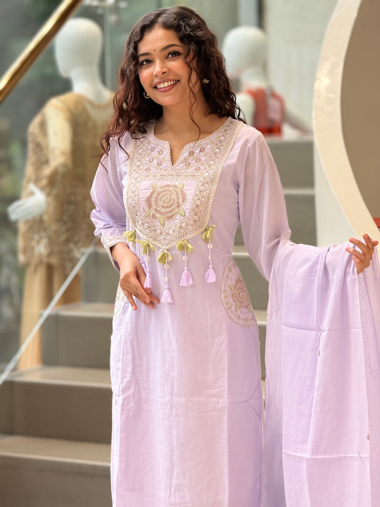 3 piece neckline embroidered cotton suit set