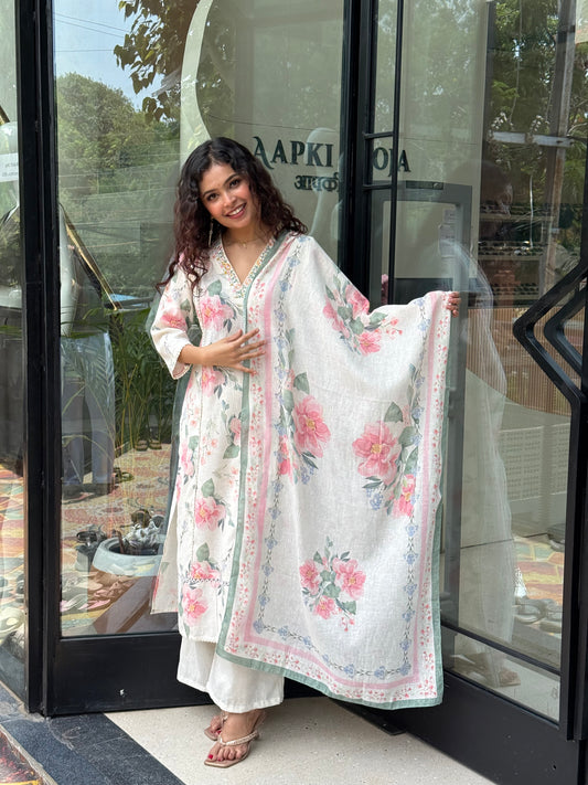 Women Floral Printed Cotton Blend Kurta Palazzo Dupatta Set