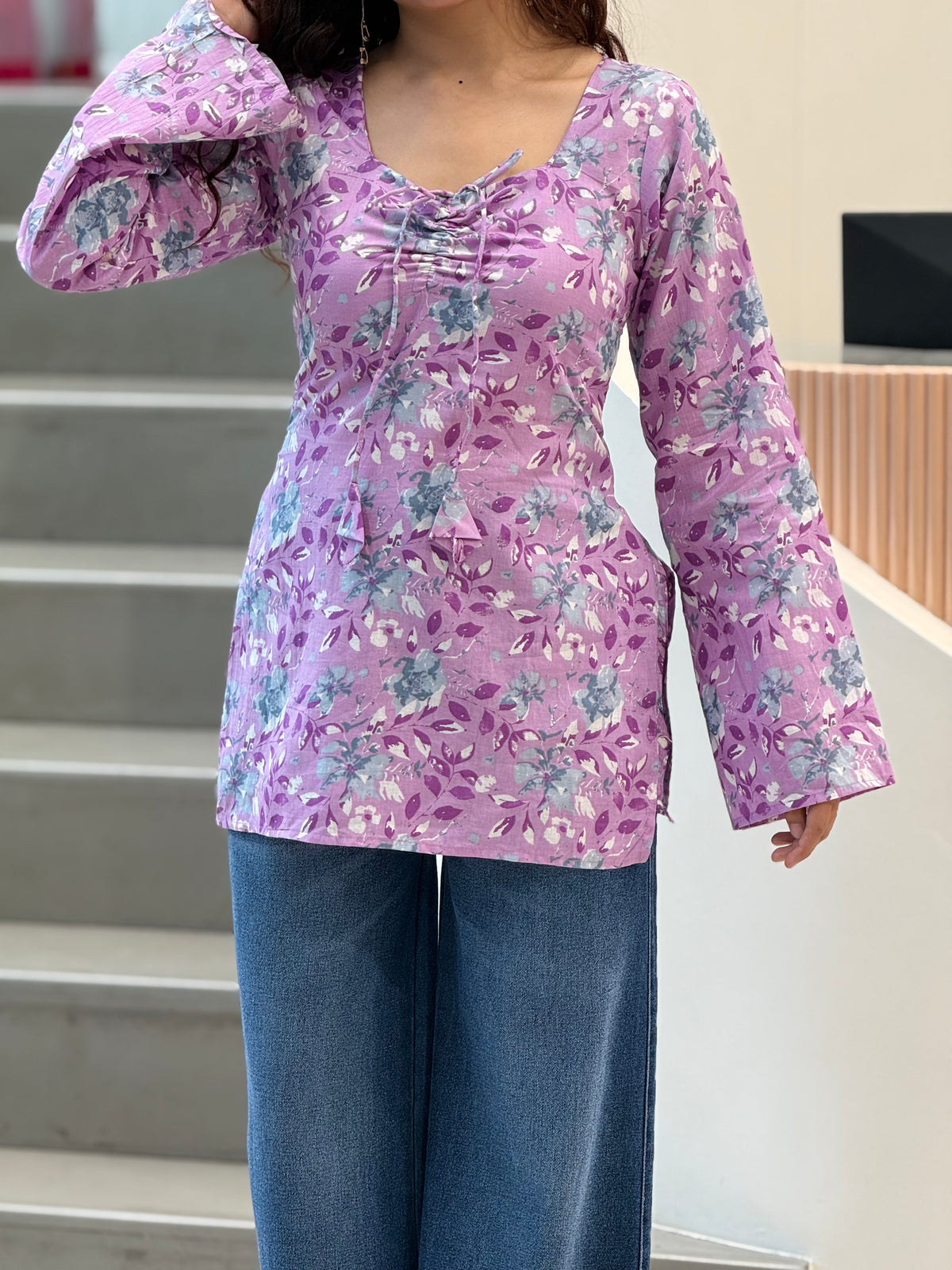 full sleeves short kurti with back dori