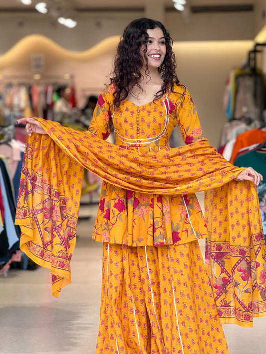 mustard yellow peplum crop top and gher plazo with dupatta suit set