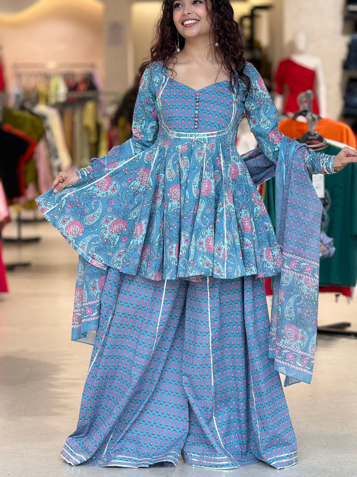 blue peplum crop top and gher plazo with dupatta suit set