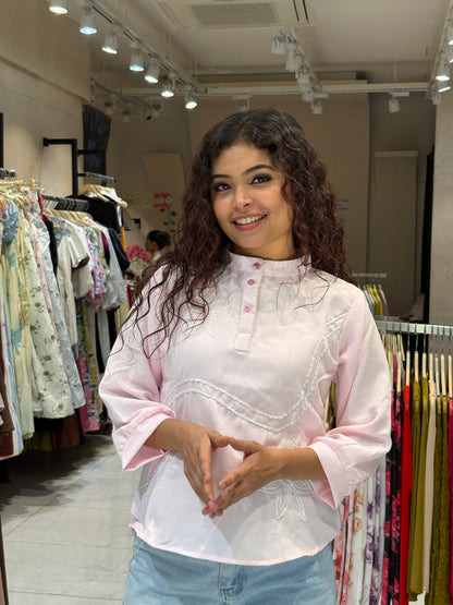 Embroidery front button U-nack Top