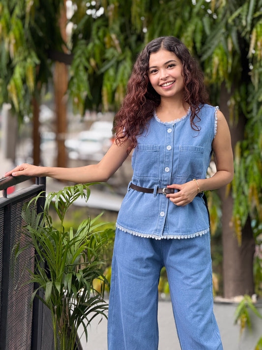 Vintage Denim Co-Ord Set with Wide Leg Pants