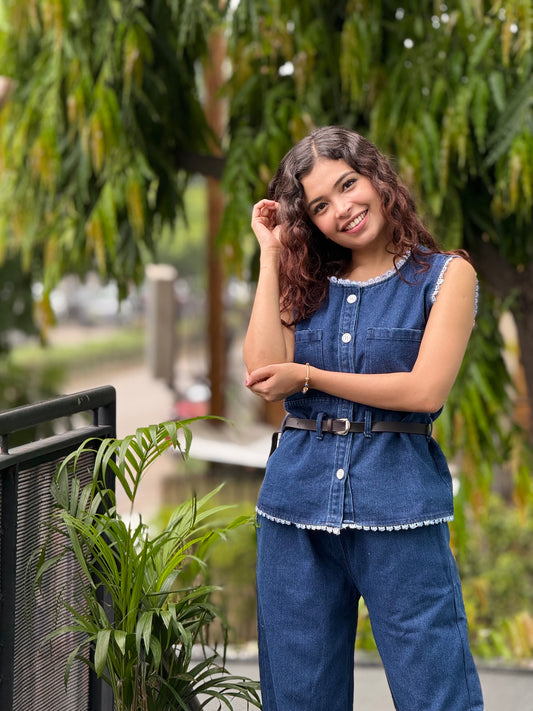 Vintage Denim Co-Ord Set with Wide Leg Pants