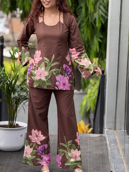 Brown floral Printed Cotton Co-ord Set for Women