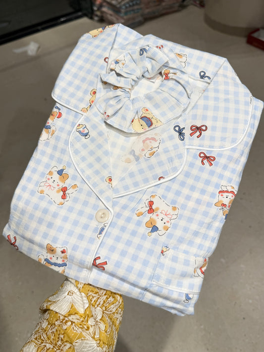 Blue Teddy Checks Cloud Cotton 4-Piece Night Suit Set