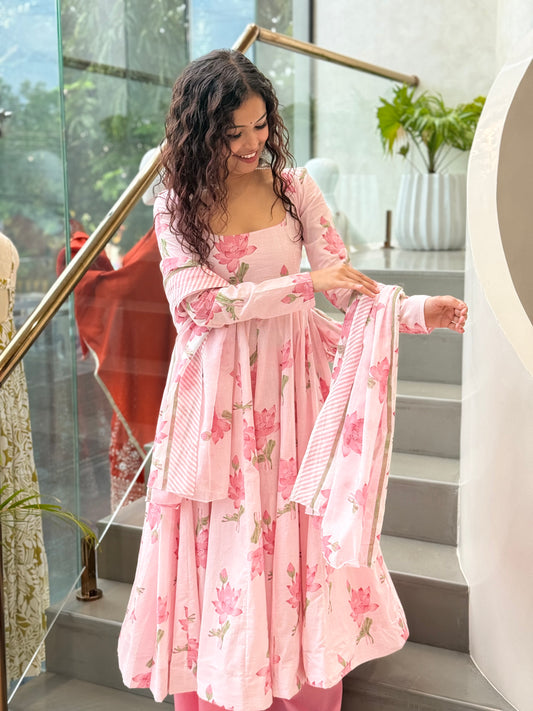 Elegant Cotton Anarkali 3-Piece Set | Kurta, Bottom & Dupatta