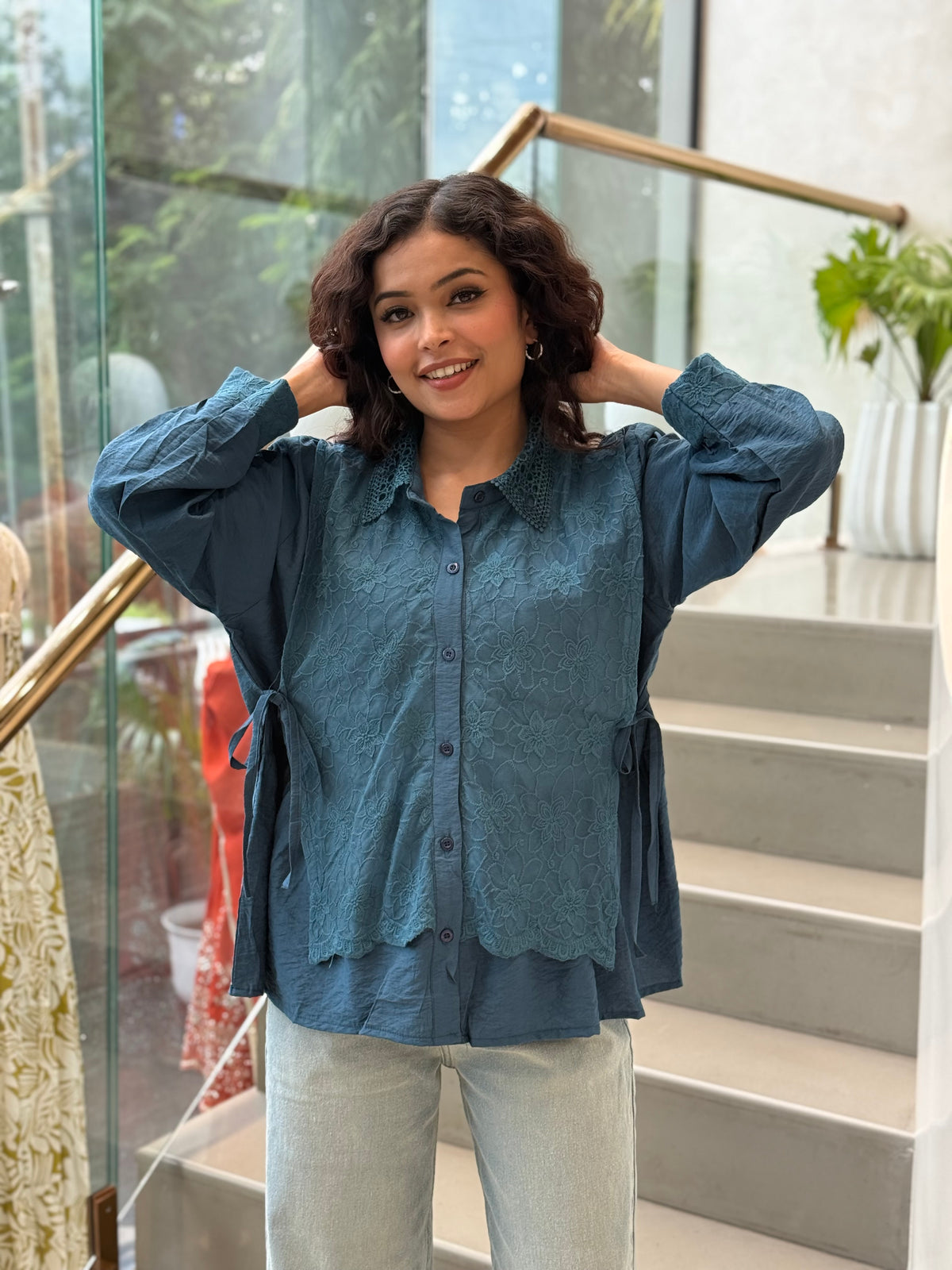 Blue floral lace patchwork shirt