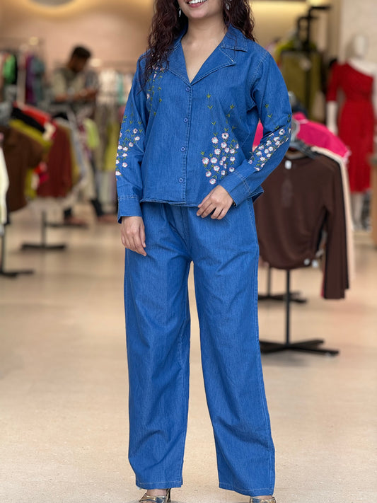 denim floral embroidered co-ord set