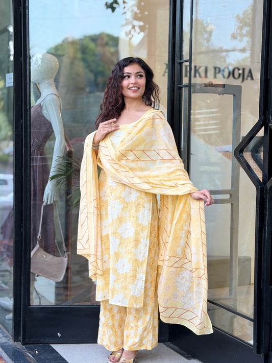 Pastel yellow Pure Cotton Printed 3-Piece Suit Set for Women | Kurta, Pants & Dupatta