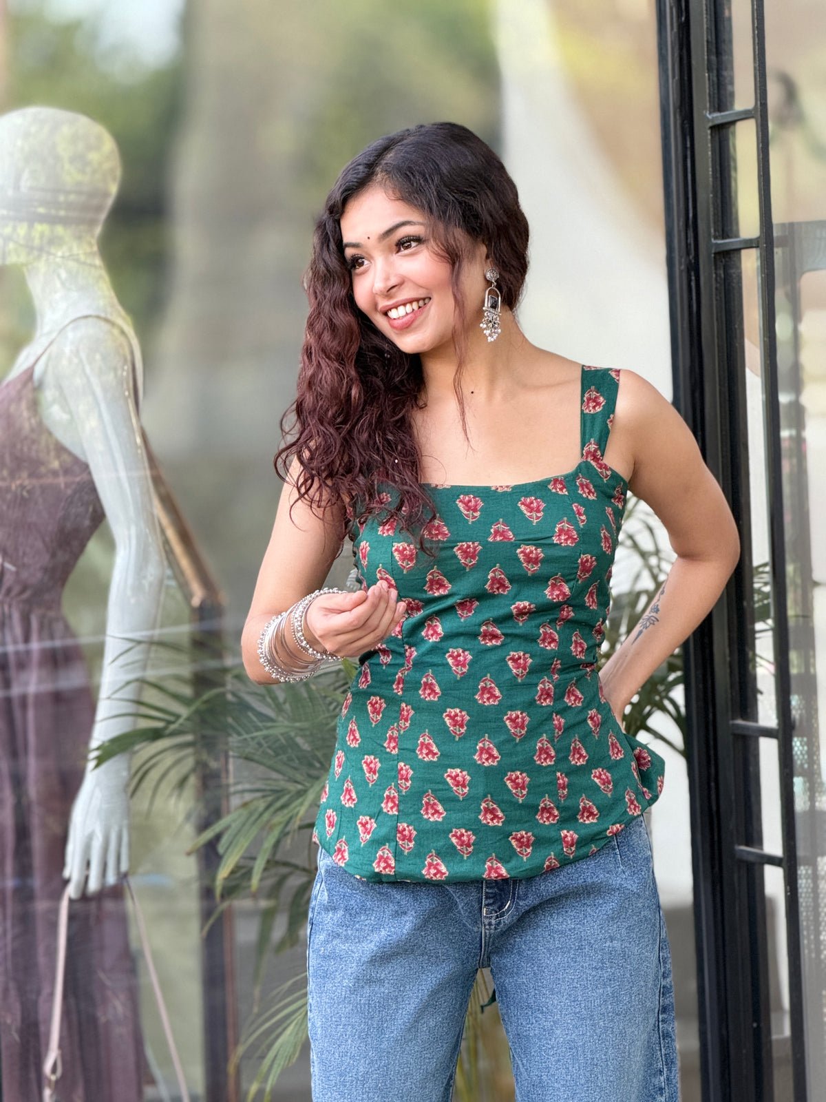 Printed Cotton Padded Backless Top with Lace-Up Back