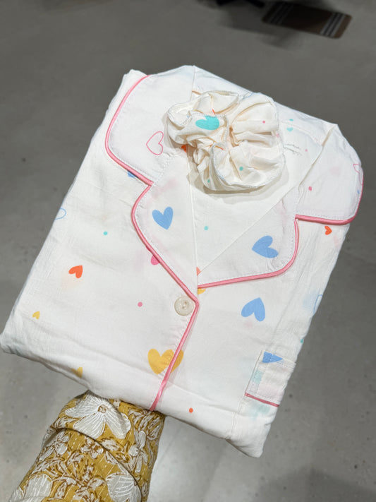 Pastel Heart Cloud Cotton 4-Piece Night Suit Set