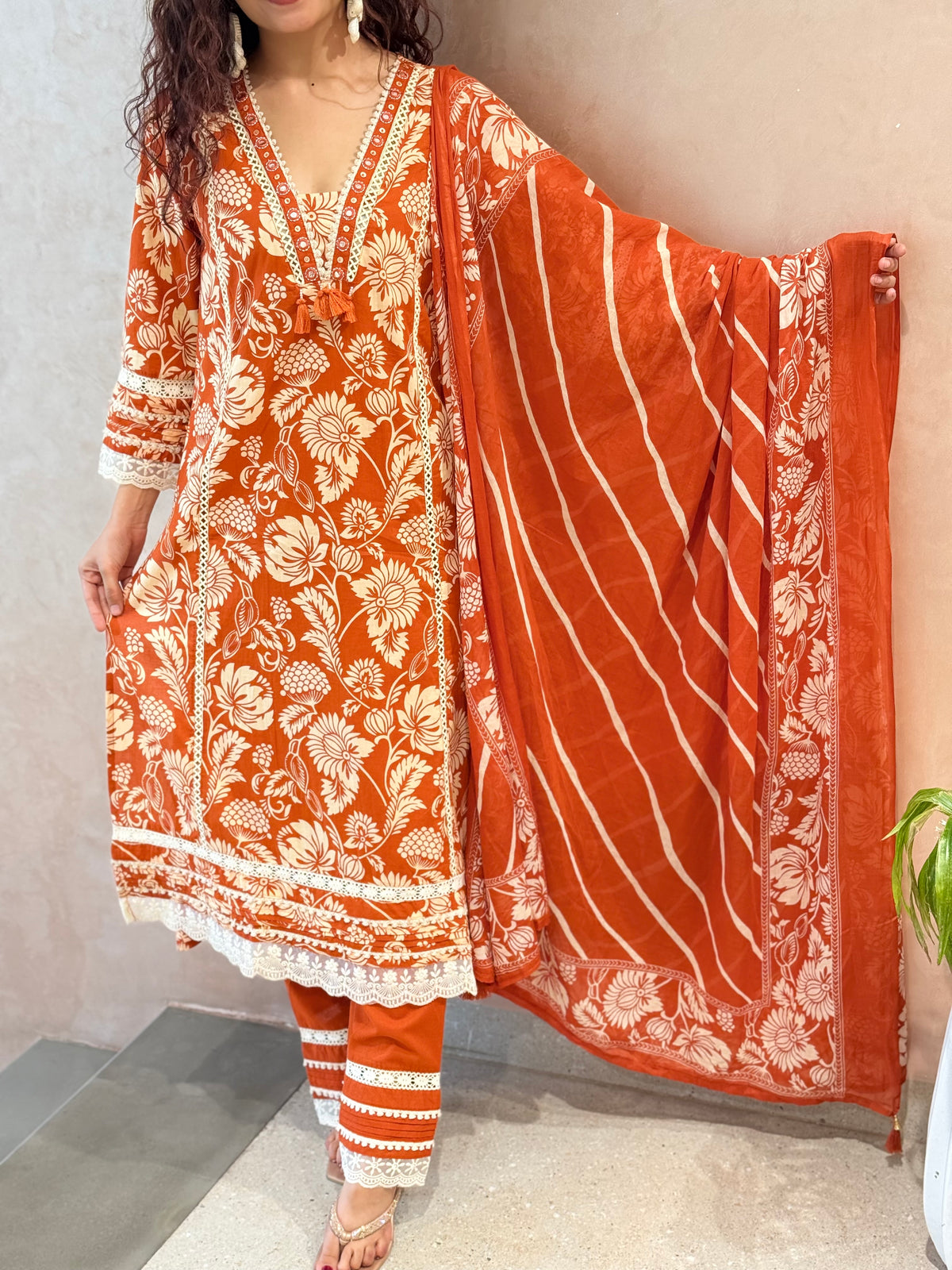 Rust colour V Nayak white thread mirror work 3 piece cotton set  ￼￼