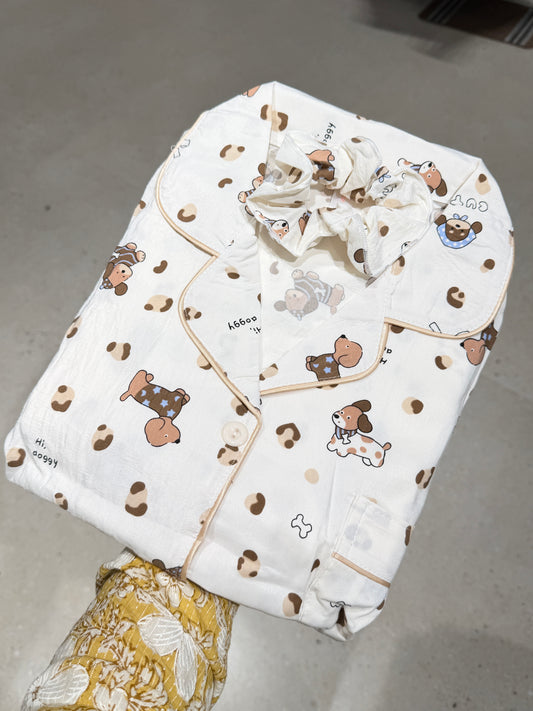 Cute Doggy Cloud Cotton 4-Piece Night Suit Set