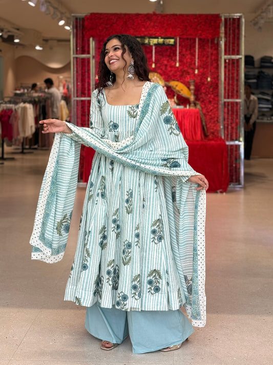 Elegant Cotton Anarkali 3-Piece Set | Kurta, Bottom & Dupatta