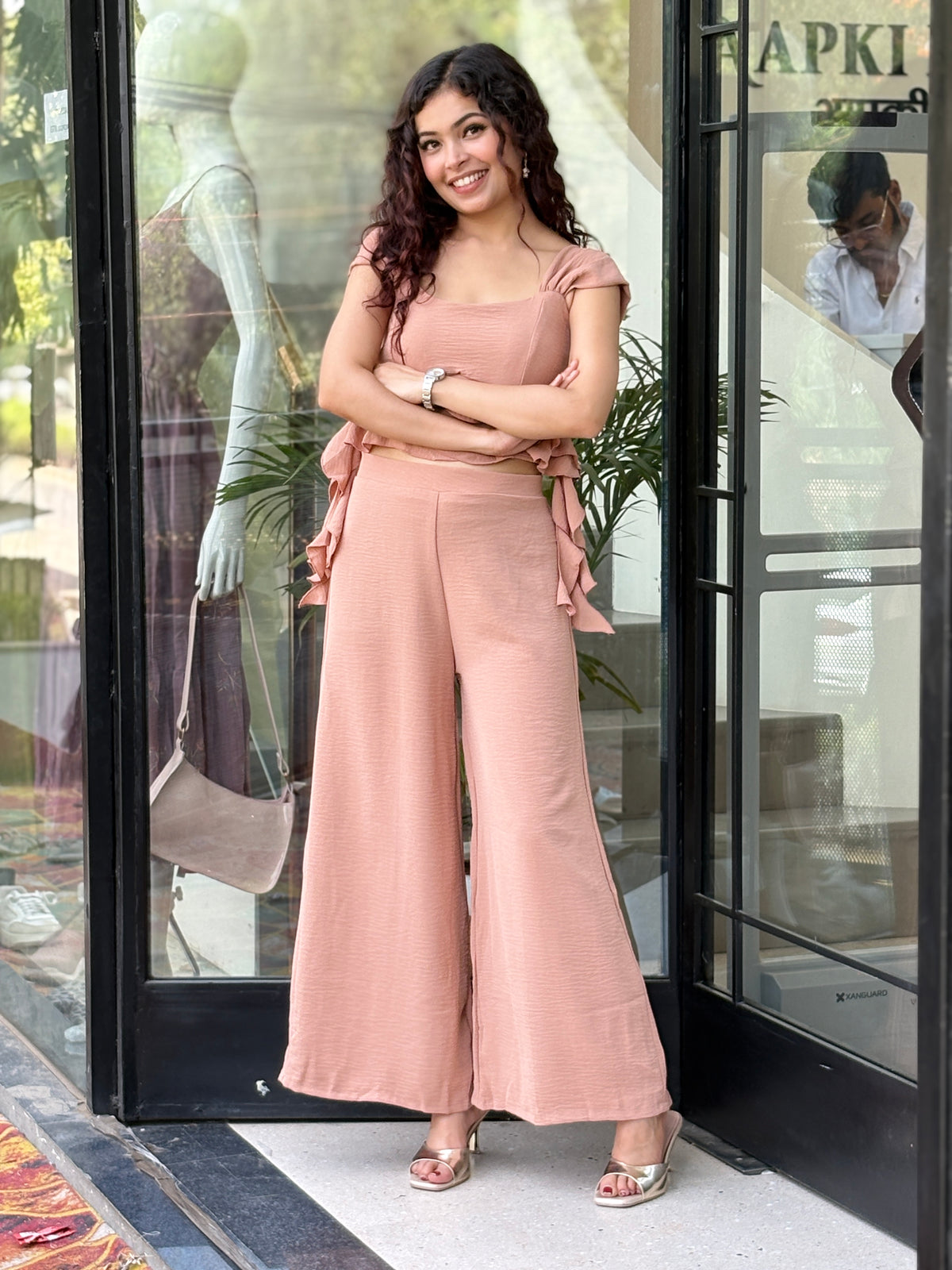Ruffle Co-Ord Set for Women | Chic Crop Top & Wide-Leg Pants