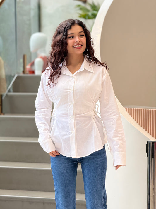 Women’s White Side Lace-Up Shirt | Adjustable Waist Shirt