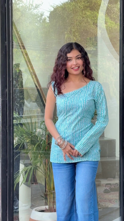 One-Shoulder Printed Cotton  Top